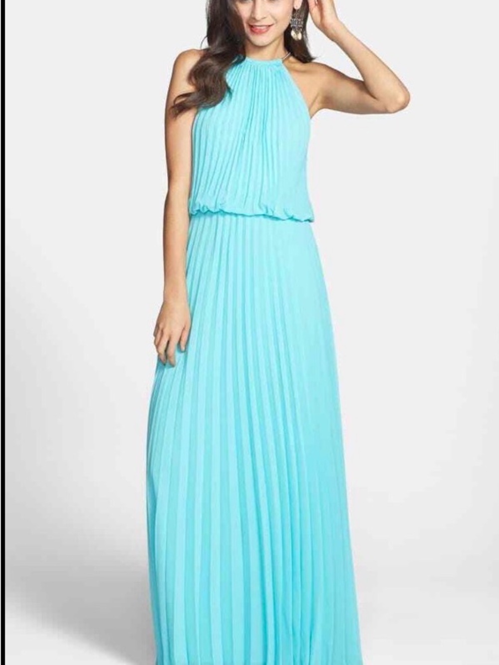 Sleeveless Pleated Halter Maxi Dress in Aqua